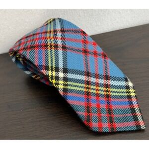 Vintage Lochcarron Mens Tie Short Blue‎ Red Yellow Plaid Tartan Wool Scotland